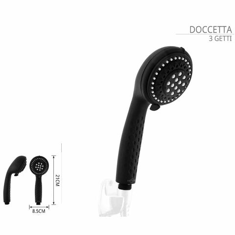 Soffione doccia nero con le tre diverse opzioni di getto regolabili.