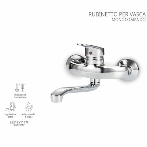 Rubinetto vasca da bagno a parete con regolazione della temperatura.