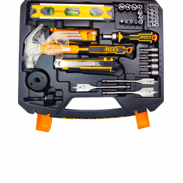 Valigetta Attrezzi Ingco - Fresa da 12mm, mini livella, taglierino con 5 lame, misuratori di profondità, sega a tazza, bussolotti e altro.