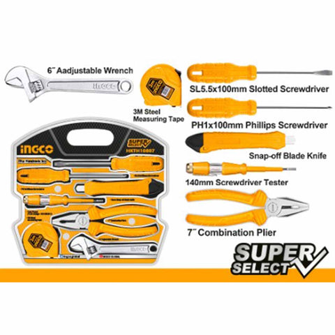 Set Attrezzi Ingco - Include pinza combinata, cercafase, chiave regolabile, coltello, cacciaviti e flessometro per lavori fai da te di qualità.