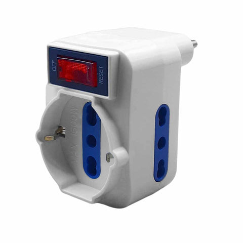 Adattatore salvaspazio 3 prese, 1 presa schuko e 2 prese bipasso 10A/16A con interruttore luminoso ARlux