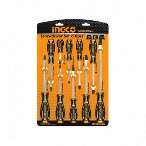 Set 10 cacciaviti Professionali Ingco - Impugnatura Ergonomica, Lama Arrotondata, Materiale Cr-V