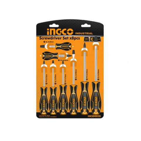 Set 8 Cacciaviti Punta Magnetica Professionali Ingco - Impugnatura Ergonomica, Lama Tonda, Materiale Cr-V