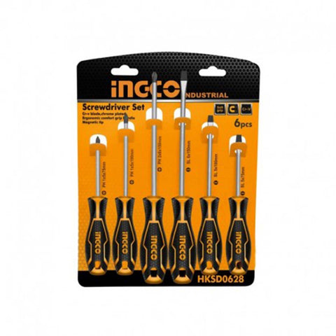 Set 6 Cacciaviti Professionali Punta Magnetica Ingco - Impugnatura Ergonomica, Lama Tonda, Materiale Cr-V