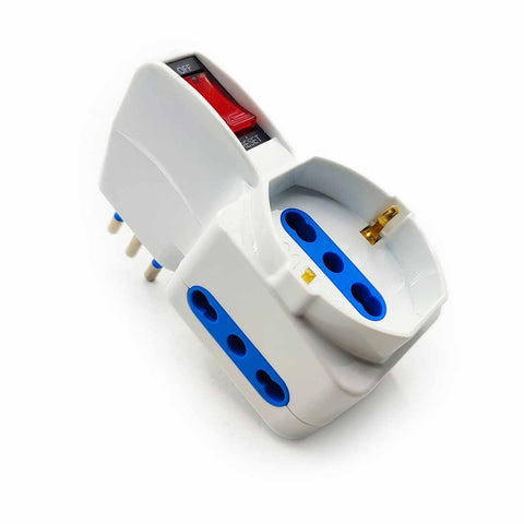Adattatore salvaspazio 3 prese, 1 presa schuko 10A/16A e 2 bipasso 10A/16A con interruttore di sicurezza Arlux
