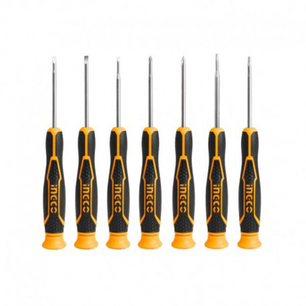 Il set di cacciaviti Ingco include 7 cacciaviti professionali con impugnatura di nuovo design e manico ergonomico. Perfetto per lavori di precisione.