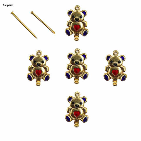Ganci per Quadri e Cornici Portafoto con Chiodi (Confezione 5 pz.) 'Orsetto Cuore' - Finitura Lucida Oro