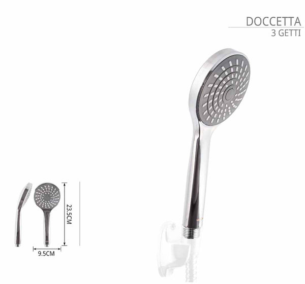 Soffione doccia con le tre diverse opzioni di getto selezionabili.