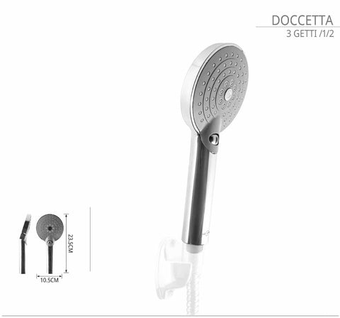 Soffione doccia con le tre diverse opzioni di getto regolabili.