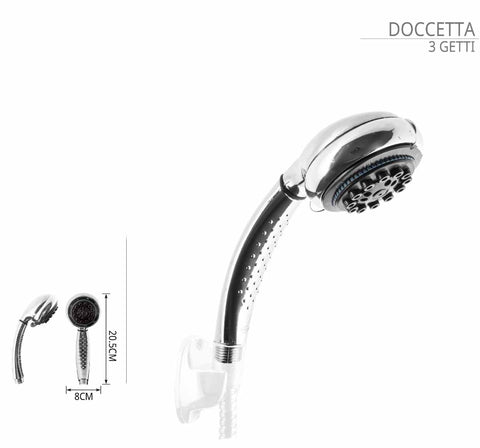 Soffione doccia con le tre diverse opzioni di getto massaggianti.